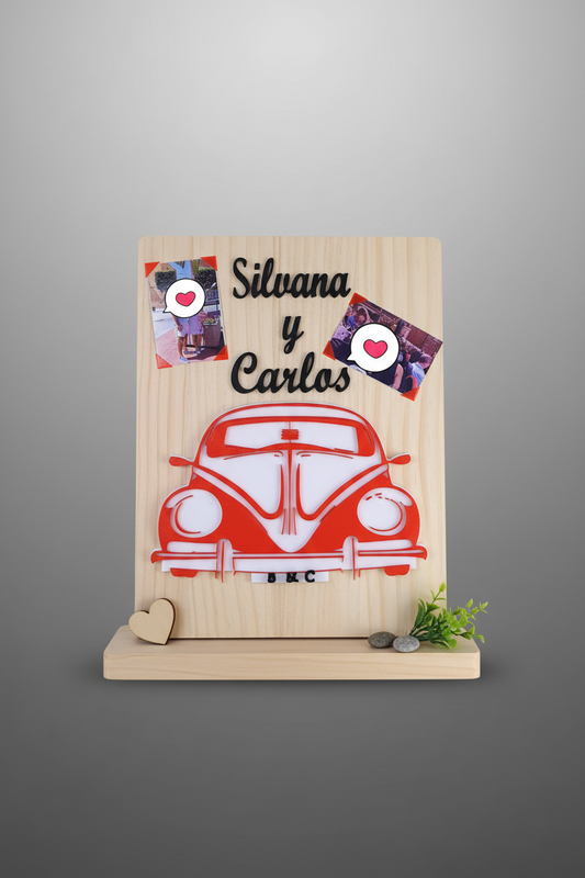 Letrero boda personalizado 3D Silvana y Carlos con coche vintage rojo impresión 3D
