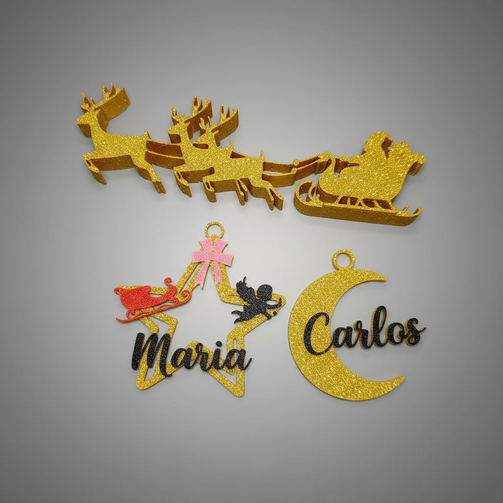 Adornos navideños personalizados 3D dorados con nombres María y Carlos estrella y luna con renos
