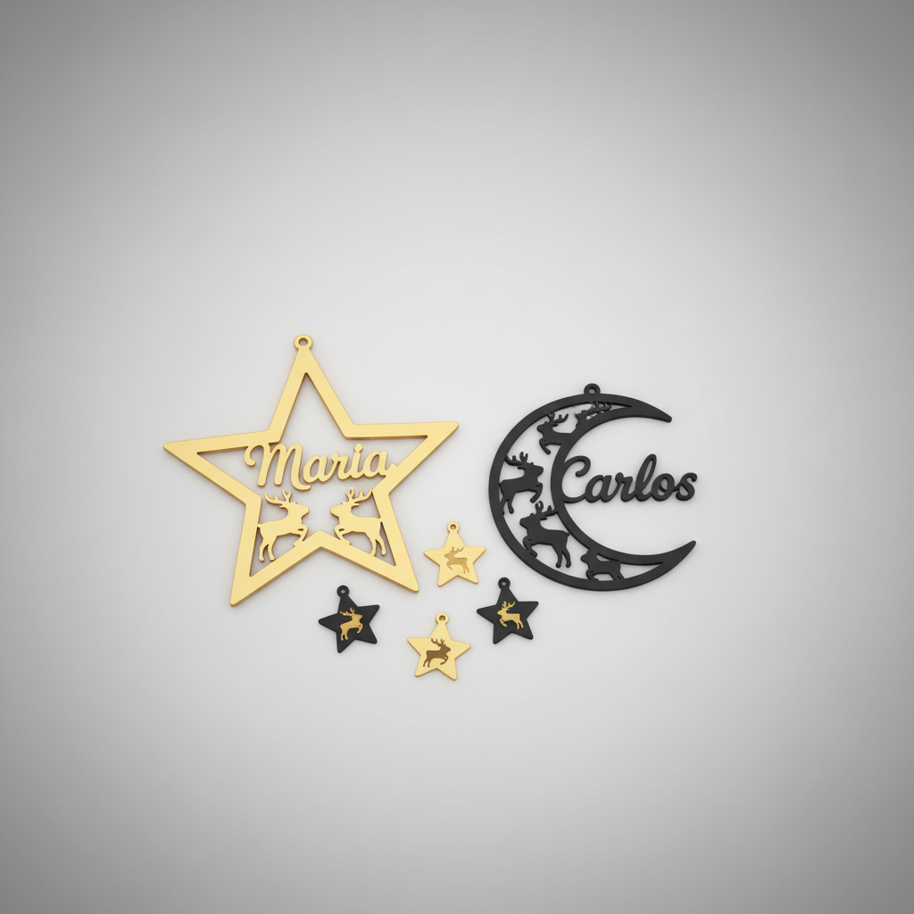 Adornos navidad personalizados 3D dorados y negros con nombres diseño estrella y luna renos
