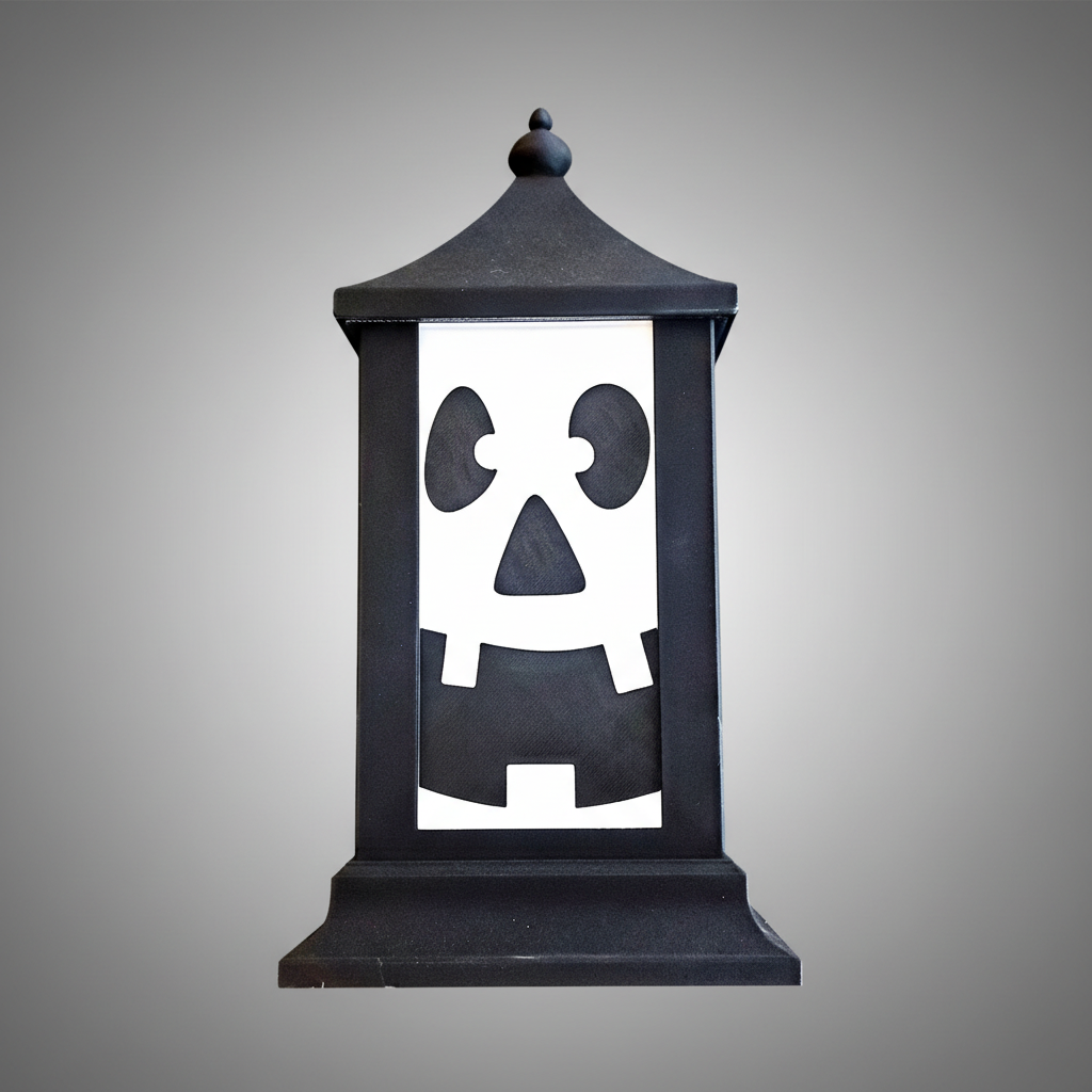 Farol Halloween impresión 3D negro con diseño calavera iluminado decoración mesa
