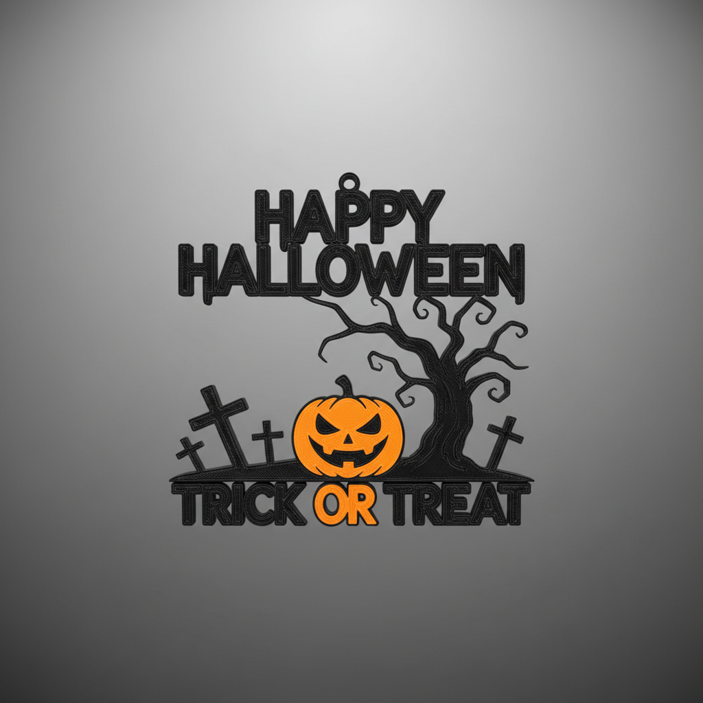 Cartel Happy Halloween impresión 3D negro naranja trick or treat cementerio
