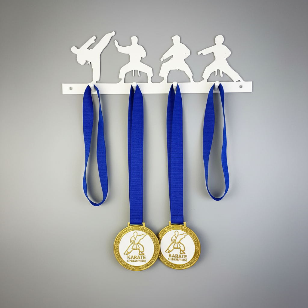 Colgador medallero karate impresión 3D blanco con siluetas luchadores para cintas y medallas

