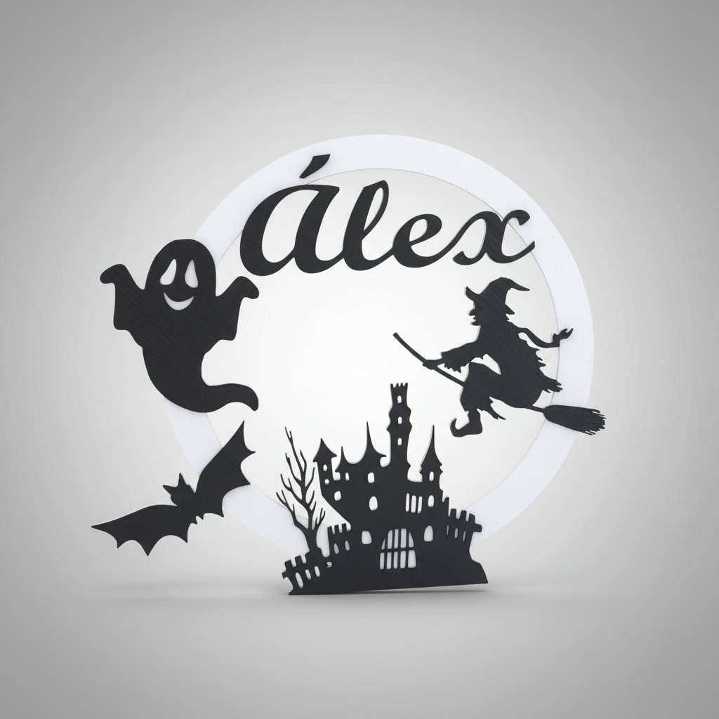 Cuadro Halloween personalizado con nombre bruja y fantasma impresión 3D decoración infantil
