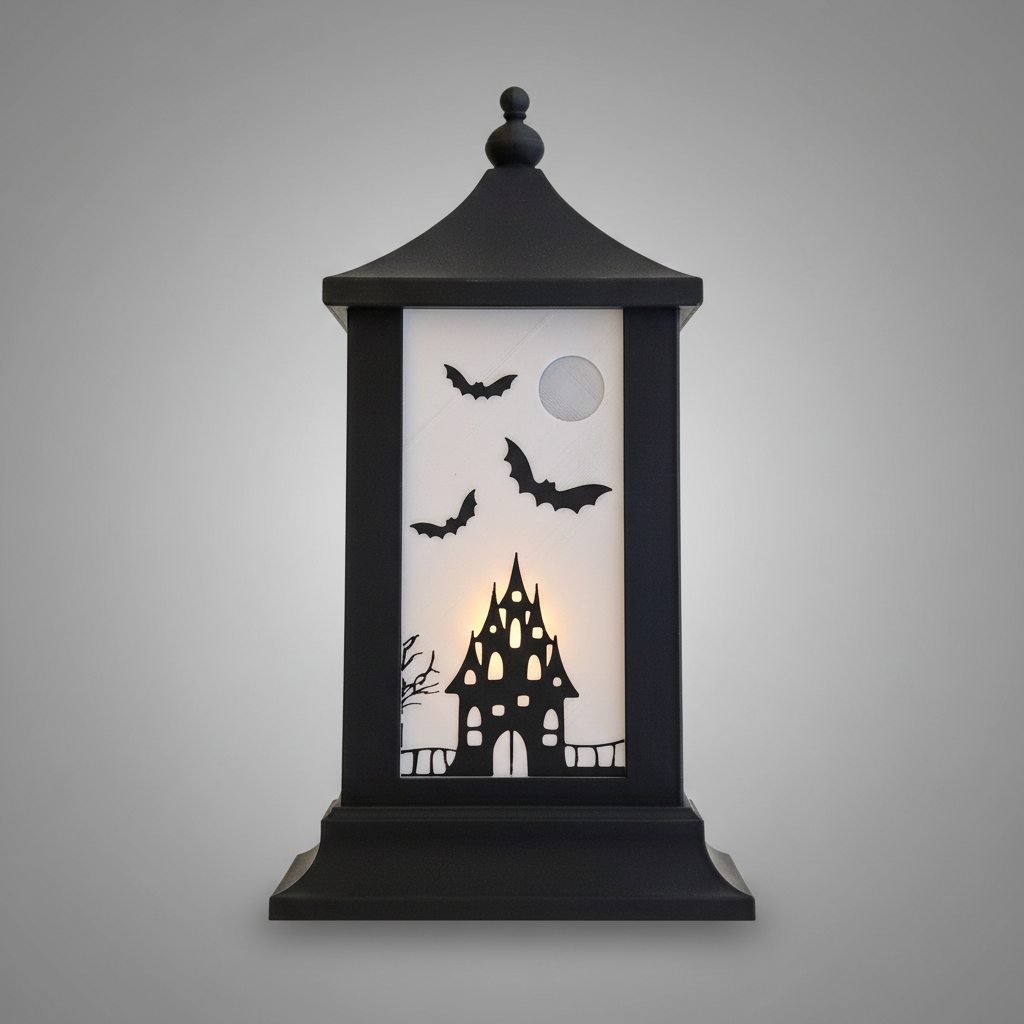 Farol Halloween 3D negro con casa encantada murciélagos y luna decoración fiesta
