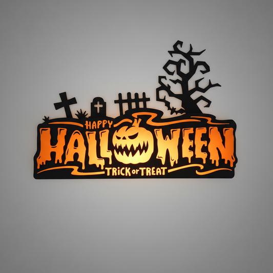 Cartel Happy Halloween impresión 3D negro naranja trick or treat cementerio
