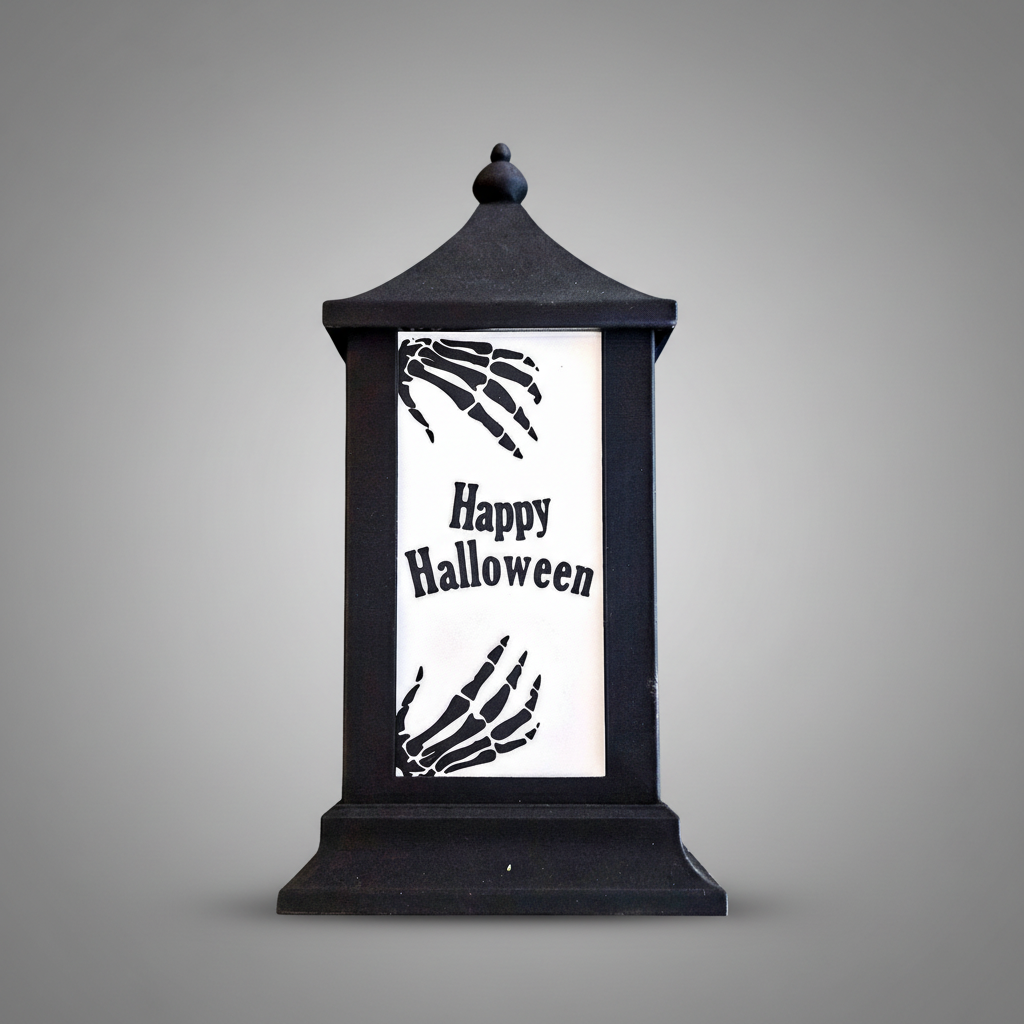 Farol Halloween impresión 3D negro con diseño esqueleto happy halloween iluminado decoración mesa