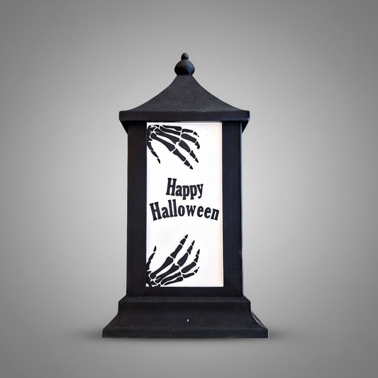 Farol Halloween impresión 3D negro con diseño esqueleto happy halloween iluminado decoración mesa