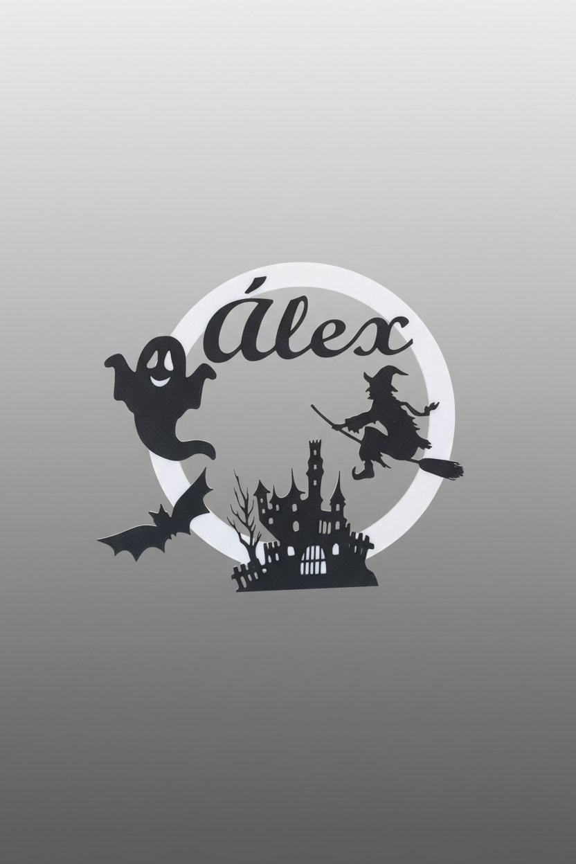 Letrero Halloween personalizado 3D nombre Álex con bruja y castillo impresión 3D
