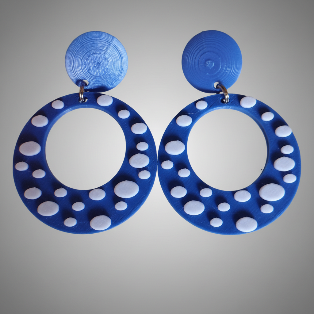 Pendientes aros azules lunares blancos impresión 3D personalizados eventos
