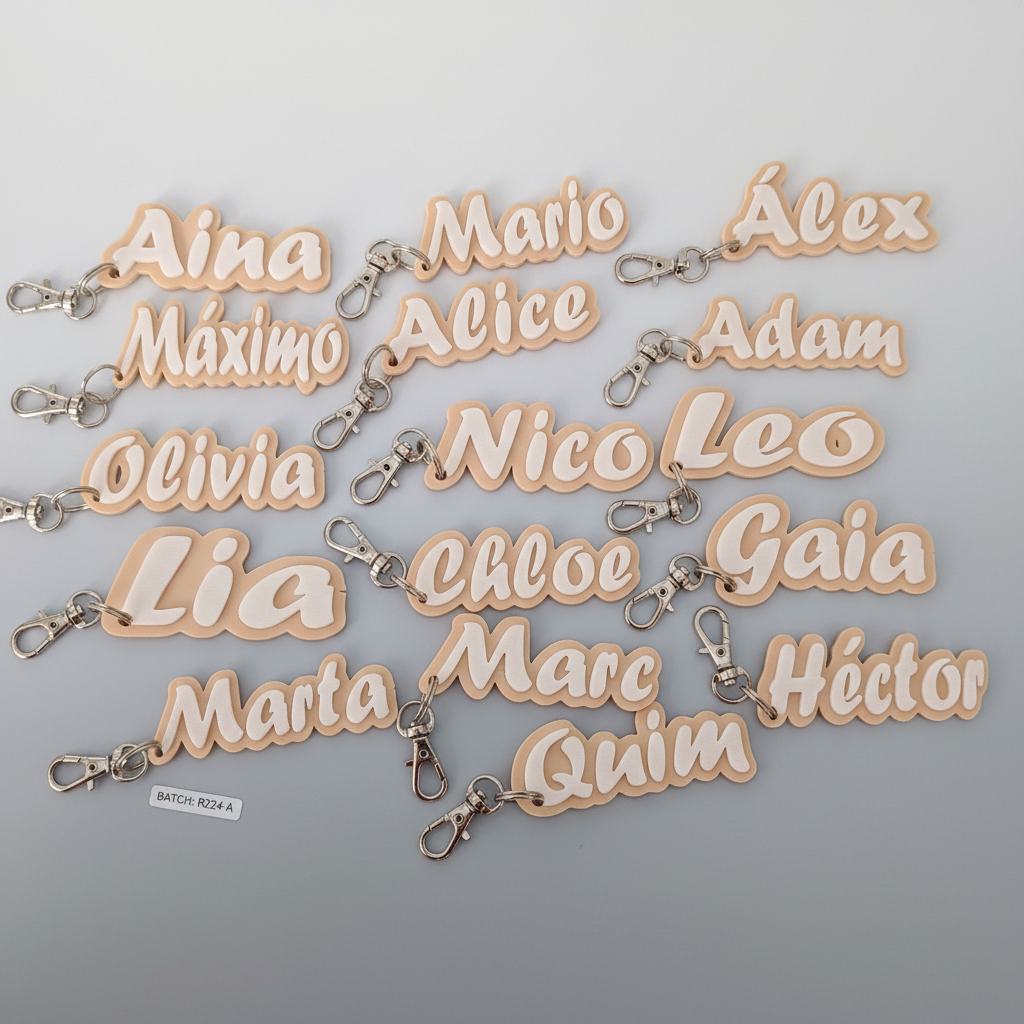 Llaveros personalizados con nombres impresión 3D producción en serie para eventos
