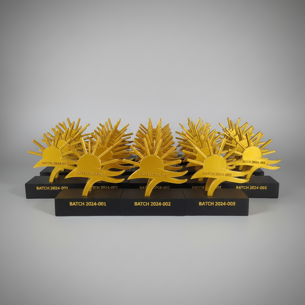 Trofeos personalizados sol dorado producción en serie impresión 3D con texto grabado

