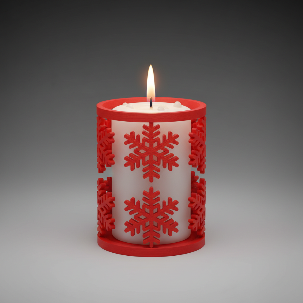 Porta velas navideño rojo impresión 3D con copos de nieve y vela blanca decoración mesa Navidad
