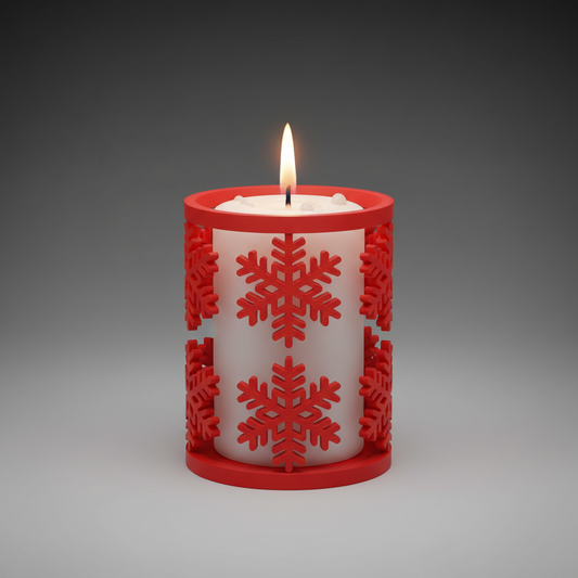 Porta velas navideño rojo impresión 3D con copos de nieve y vela blanca decoración mesa Navidad
