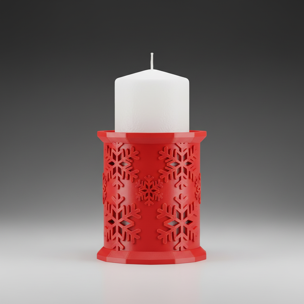 Porta velas navideño rojo impresión 3D con copos de nieve y vela blanca decoración mesa Navidad
