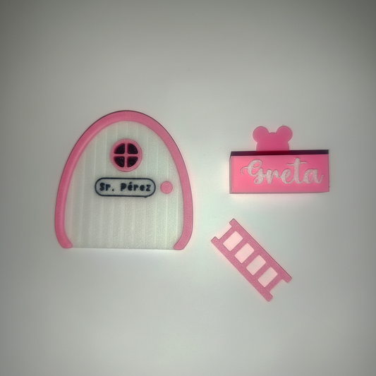 Set puerta Ratoncito Pérez rosa personalizada con nombre y escalera impresión 3D decoración infantil
