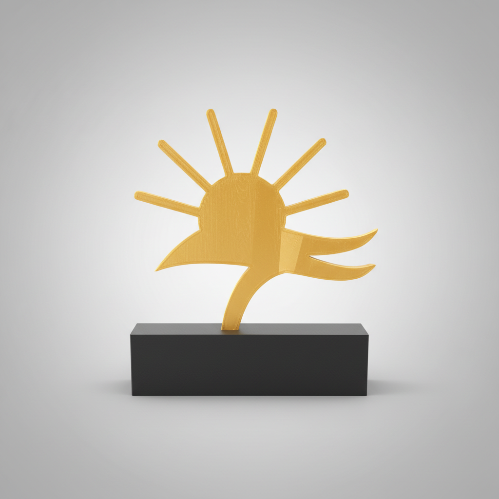 Trofeo personalizado sol dorado con base negra impresión 3D para eventos corporativos
