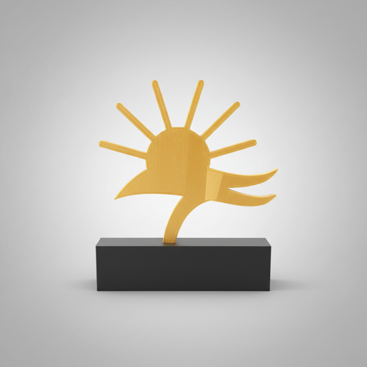 Trofeo personalizado sol dorado con base negra impresión 3D para eventos corporativos
